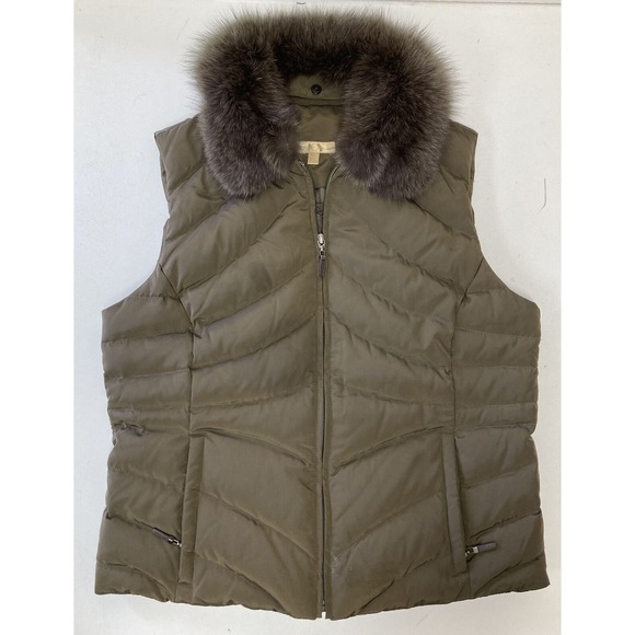 Wilson's Leather Quilted Vest, Brown Zip Front, Pockets, Fox Fur Collar- Sz Med - Picture 1 of 11